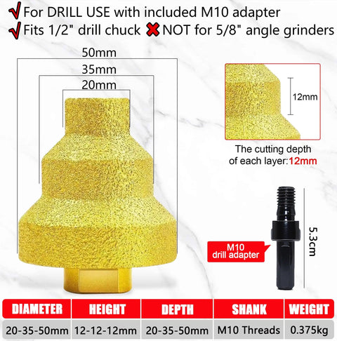 Diamond Core Drill Bit With M10 Adapter Rod Pro Grade Three Size 20mm 35mm 50mm Step Drill Kit for tile stone concrete applications.