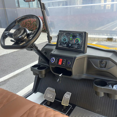 Interior view of Sweet 2 Seat Cargo Van Golf Cart Powered By 48V Lithium Battery And 4KW Motor, featuring dashboard and controls.