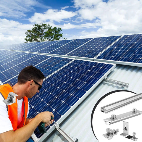 Installing solar panel mounting kit for 12 to 15 panels on shingle roof with adjustable clamps and 88 inch silver rails