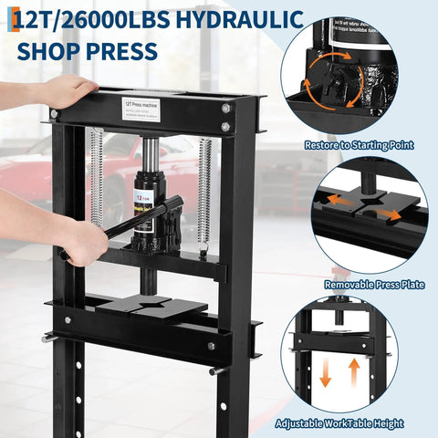 Badass 12 Ton H Frame Hydraulic Shop Press With Adjustable Height Stamping Plates And Built In Pressure Relief Valve For Heavy Duty Garage Maintenance And Car Repair with lever and press plate