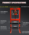 6 Ton Hydraulic Shop Press With H Frame Built Tough For The Garage Adjustable Height From 2.2 To 9.4 Inches Pressure Gauge Stamping Plates Bearings And U Joint Installations