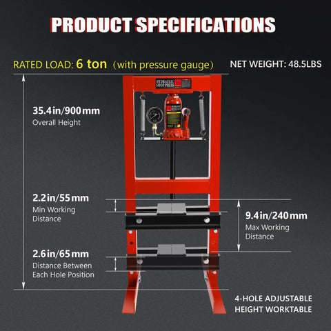 6 Ton Hydraulic Shop Press With H Frame Built Tough For The Garage Adjustable Height From 2.2 To 9.4 Inches Pressure Gauge Stamping Plates Bearings And U Joint Installations