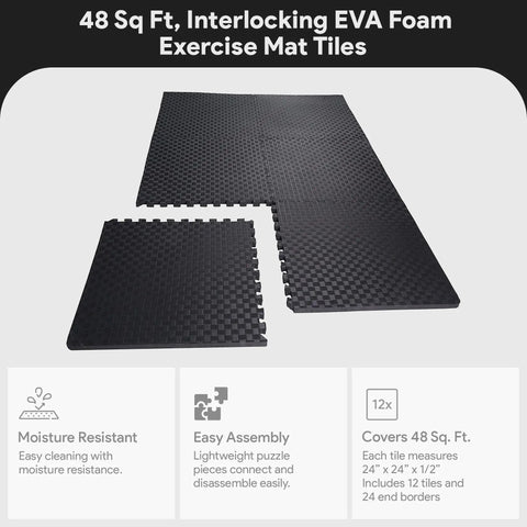Interlocking EVA Puzzle Exercise Mats For Home Gym Half Inch Thick Cushioned Foam Floor Tiles Black 24 By 24 Inches 12 Tiles