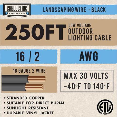 250 ft Low Voltage Landscape Wire 12 Gauge Two Wire Black, 250 Foot Outdoor Cable for Garden Lighting, Flexible, Durable Box
