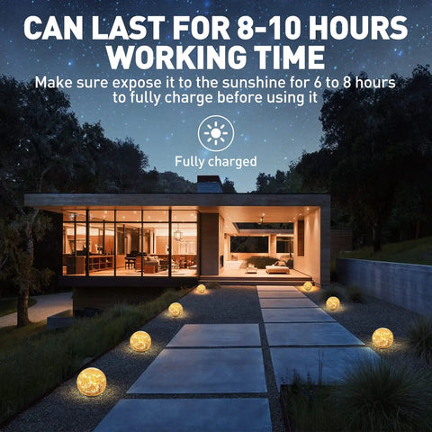 Solar Glass Ball Garden Lights Cracked Glass Waterproof Warm White LED illuminating outdoor pathway and patio at night