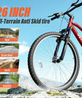 26 Inch Mountain Bike With Dual Suspension For Men Women And Adults, close-up showing front wheel and all-terrain tire features.