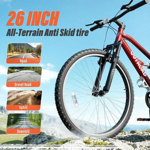 26 Inch Mountain Bike With Dual Suspension For Men Women And Adults, close-up showing front wheel and all-terrain tire features.