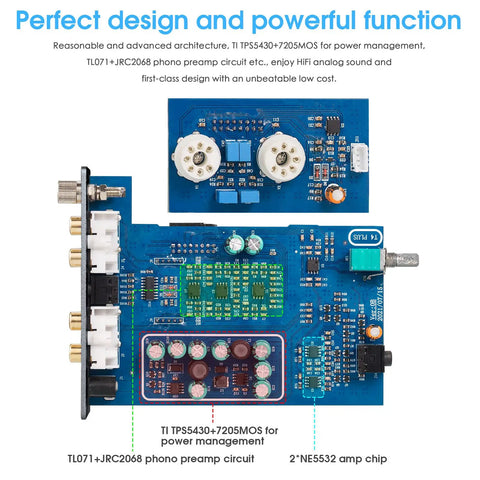 Dope Tube Phono Preamp T4 Plus For MM And MC Turntables, Warm Analog Vacuum Tube Sound, Preamplifier With Headphone Amp, Aux Input, VU Meter, Retro HiFi Vibe For Vinyl Lovers blue circuit board