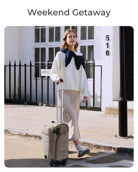 Woman walking with underseat carry on luggage with wheels lightweight soft travel bag with PVC wet dry pockets personal item suitcase