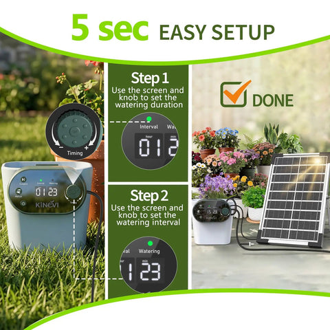 Solar Powered Drip Irrigation Kit For Up To 30 Pots With 8W Solar Power, Auto Watering, 22 Timing Modes, HD LED Display, AntiSiphon, IPX5 Water Resistant, Perfect For Outdoor Garden, Balcony Or Greenhouse