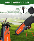 Pink 5 Piece Junior Golf Club Set For Kids Ages Four To Eight with orange stand bag on golf course