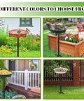Heavy Duty Outdoor Bird Bath With Detachable Bowl And Feeder, 35.5 Inch Tall Stand, Metal Stake Base in various garden settings.