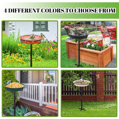 Heavy Duty Outdoor Bird Bath With Detachable Bowl And Feeder, 35.5 Inch Tall Stand, Metal Stake Base in various garden settings.