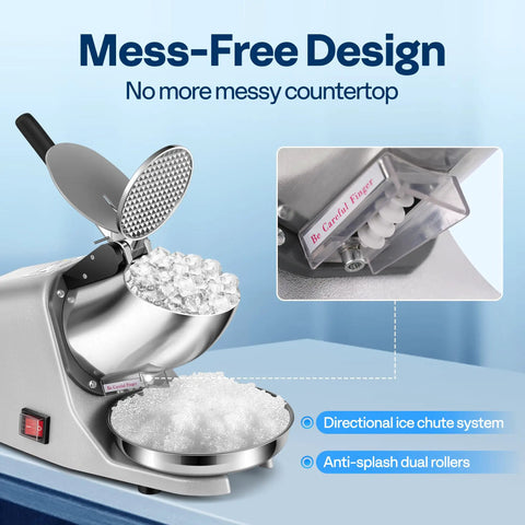 Heavy Duty Electric Ice Shaver And Snow Cone Maker Machine With Killer Blade Adjustments and solid ice pick; mess-free design.