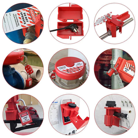 Pro Grade Lockout Tagout Kit with 4 safety padlocks, lockout hasps, valve lockouts, plug lock, circuit breaker locks, and LOTO tags.