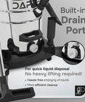 Close-up of drain port on Top Shelf 26.5 Gallon Wet Dry Shop Vacuum With Heavy Duty Steel Tank for quick liquid disposal.
