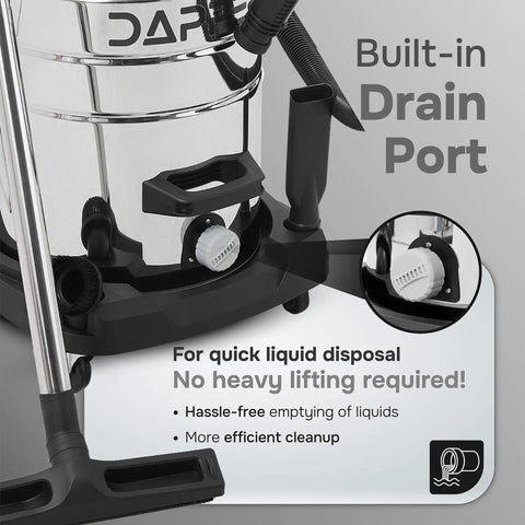 Close-up of drain port on Top Shelf 26.5 Gallon Wet Dry Shop Vacuum With Heavy Duty Steel Tank for quick liquid disposal.