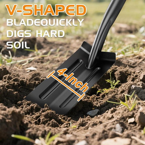 Heavy Duty Trench Shovel For Digging With 56 Inch Orange Fiberglass Handle And Narrow Spade, V Cut High Strength Steel in soil