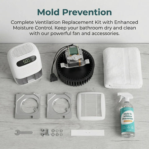 Complete ventilation replacement kit with tools, mold preventer spray, and BKR60 Replacement Motor For Bath Fans That Gets Your Bath Fan Back In Action Fast Compatible With Models 670 671 688 689 693 695 696N 695C 690NT 690NT A And More 2 Year Warranty.