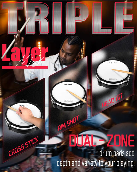 Electric Drum Set With Tower Kick And Dual Zone Mesh Pads For Real Feel features cross stick, rim shot, and head hit.
