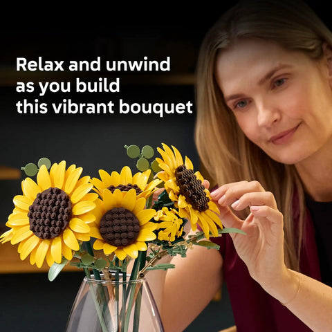 Botanical Sunflower Bouquet Building Kit For Adults 18 Plus DIY Floral Decor Craft For Home Office Bedroom Six Sunflowers In Various Stages Cool Gift For Birthdays Housewarming And Trendy Displays, woman arranging LEGO-style sunflowers in vase