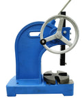 Rock Solid Two Ton Manual Arbor Press Built Tough With Cast Iron Body And Smooth Ratcheting Lever For Bench Mountable Stamping And Heavy Duty Metal Working Jobs, side view showing blue cast iron frame and lever.