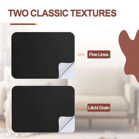 Self Adhesive Leather Repair Patch Tape Kit For Furniture Couch Sofa And Car Seats Straight Up Fixes Tears In A Snap With No Sweat Installation Total Game Changer And Vinyl Sheets 30 By 16 Inches displaying fine lines and litchi grain textures.