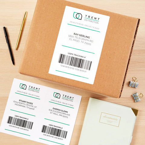 Half Sheet Shipping Labels For Inkjet Printers 5.5 X 8.5 Inches on a shipping box, showcasing address details and barcode.