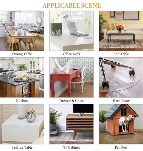 Collage of applicable scenes for Clear Desk Protector 1.5mm Thick 14 By 24 Inches Heavy Duty Vinyl Desk Pad use in various settings.