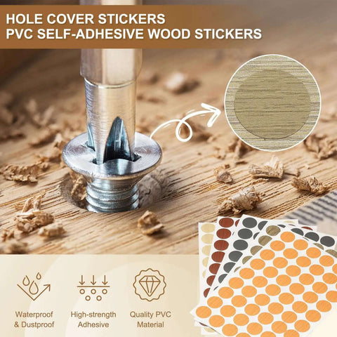 Heavy Duty Self Adhesive Screw Hole Caps 540 Pack Slick Yellow Wood Grain Finish covering a screw on wood, showing adhesive caps.