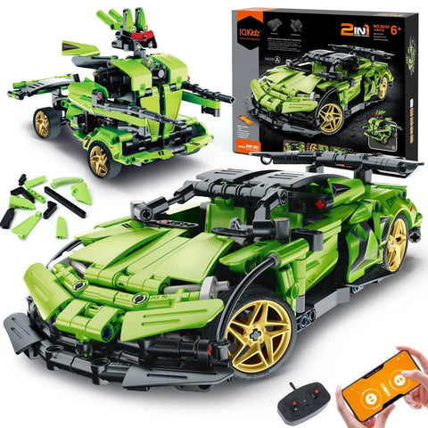 2 In 1 Remote Control Race Car And Robot Building Kit With 429 Pieces, featuring green car and robot with remote and app control.