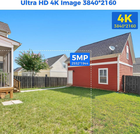 Comparison of 5MP and 4K image quality from a 4K 8MP PoE PTZ Security Camera System With All Around Auto Tracking Human And Vehicle Detection Color Night Vision Two Way Audio Spotlight And Sound Alarm For Indoor And Outdoor Home Surveillance No Blind Spots, showing a backyard view.
