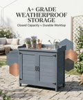 All Weather Wood Garden Storage Cabinet With Built In Workbench And Potting Table Waterproof Tool Shed for Outdoor Lawn