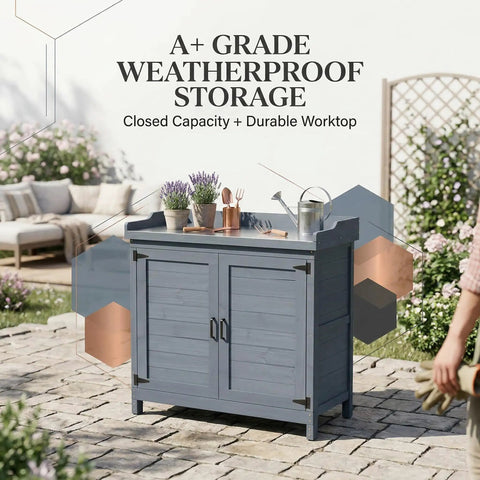 All Weather Wood Garden Storage Cabinet With Built In Workbench And Potting Table Waterproof Tool Shed for Outdoor Lawn