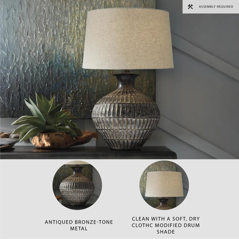 Magan 285 Textured Bronze Metal Table Lamp With Antique Brown Finish, Fabric Drum Shade on modern desk