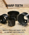 KATA 6-piece hole saw kit in black metal, sizes 1-1/4–2-1/8 in (32–54mm) for soft wood and PVC, displayed on wood.