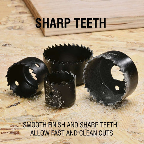 KATA 6-piece hole saw kit in black metal, sizes 1-1/4–2-1/8 in (32–54mm) for soft wood and PVC, displayed on wood.