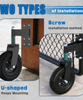 Beefy Heavy Duty Gate Wheels For Metal Tube Gates 6 Inch And 8 Inch Rubber Wheels With Shock Absorbing Springs installed on wooden and metal gates.