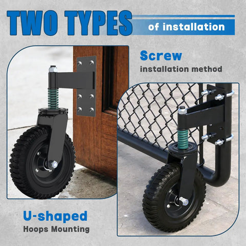 Beefy Heavy Duty Gate Wheels For Metal Tube Gates 6 Inch And 8 Inch Rubber Wheels With Shock Absorbing Springs installed on wooden and metal gates.