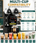 Pro Level Automatic Cup Sealer Machine For Boba And Cafe Shops with various compatible cup types and sizes on display.