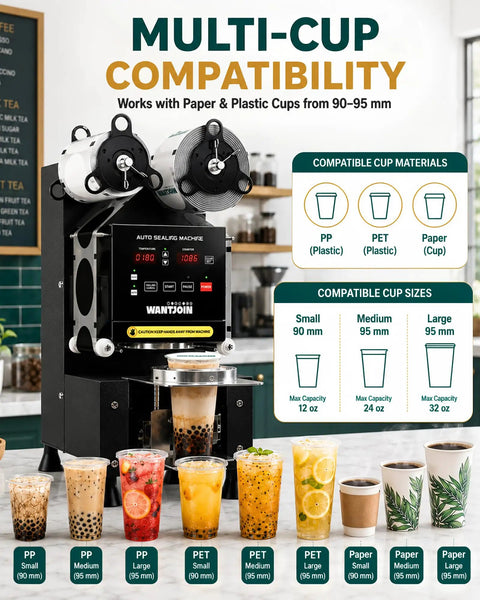 Pro Level Automatic Cup Sealer Machine For Boba And Cafe Shops with various compatible cup types and sizes on display.