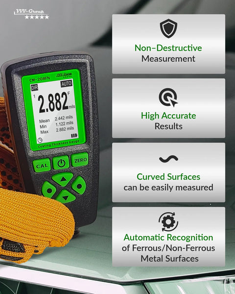 Pro Grade Paint Thickness Gauge For Auto Detailing And Inspections, 0-2000µm Range With 0.001 Mil Resolution, Fe/NFe Auto Detection, USB Data Export, Real World Coating Check For Repaints And Car Coating Condition on car panel