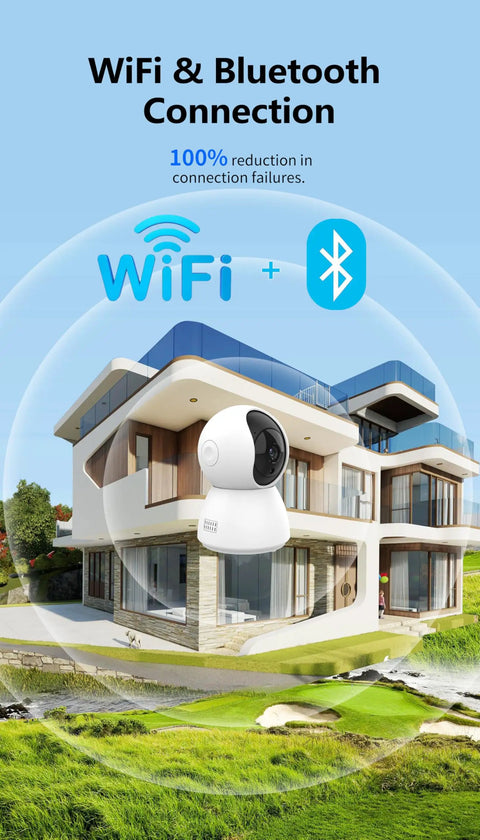 Clear Shot 4K Indoor Security Camera And Pet Watcher With 360 Pan Tilt Two Way Audio No Sweat Quick Setup Top Shelf Video Quality For Keeping Tight Tabs On Family Pets And Cozy Home Vibes in front of a modern house