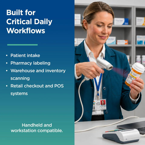 Healthcare professional using Rugged Workhorse Handheld Barcode Scanner USB Plug And Play 1D And 2D Code Reader for inventory.