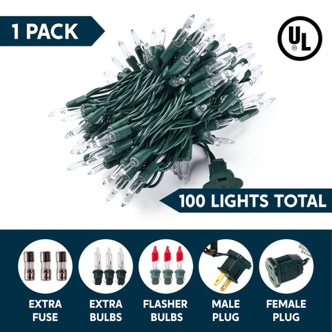 Lit Clear Christmas String Lights Indoor Outdoor 100 Count Mini White Fairy Lights Nineteen Point Four Feet Green Wire UL588 Certified