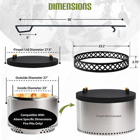 Dimensions of smokeless fire pit accessories kit with 23-inch carbon steel base, 36-inch poker, 27.5-inch lid, Yukon compatible.