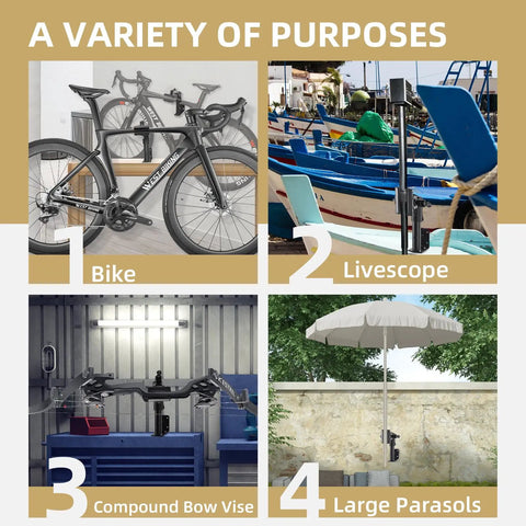 Heavy Duty Bike Repair Stand With Adjustable Clamp, Wall Or Bench Mount, Holds Up To 88 Lbs used for diverse applications including bikes, livescope, bow vise, and parasols.