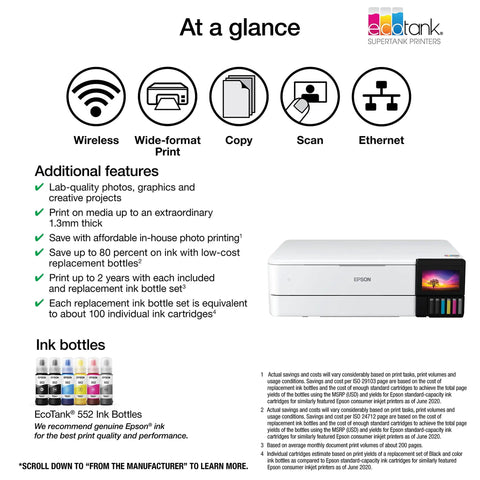 EcoTank Photo ET-8550 Wireless Wide-Format All-In-One Supertank Printer With Scanner And Copier, Ethernet, 4.3-Inch Color Touchscreen