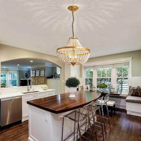 Three Light Boho Wood Beaded Gold Chandelier for Rustic Farmhouse Style Pendant Light Fixture with Cozy Vibe and Warm Glow Ideal for Dining Room Living Room Bedroom Hallway and Entryway