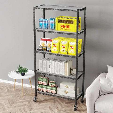 Heavy Duty 5 Shelf Wire Shelving Unit On 3 Inch Wheels With Shelf Liners Set Of 5 NSF Certified Adjustable Carbon Steel Storage Racks